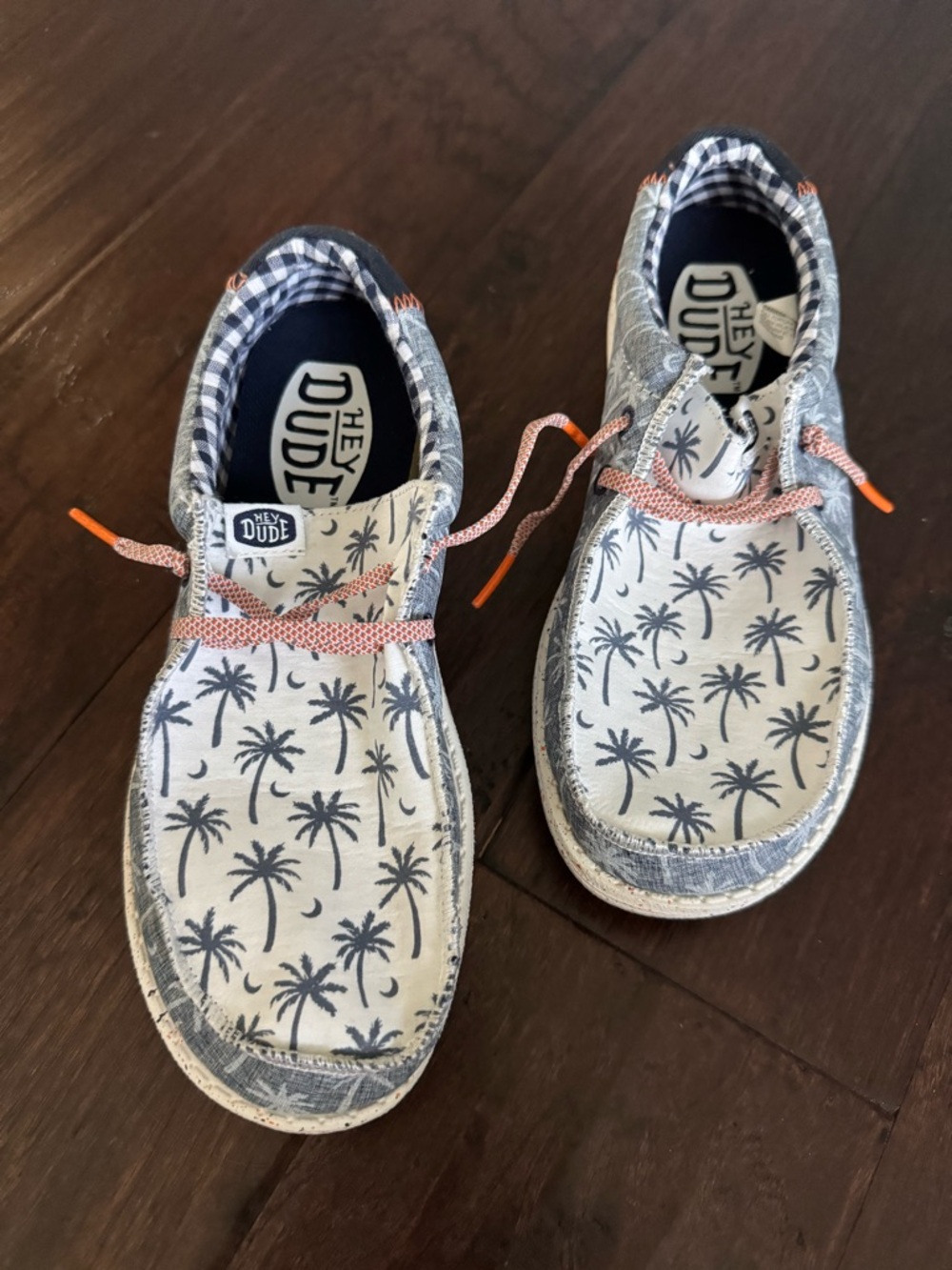Hey Dude Kids Palm-Print Canvas Sneakers in White, Navy & Coral